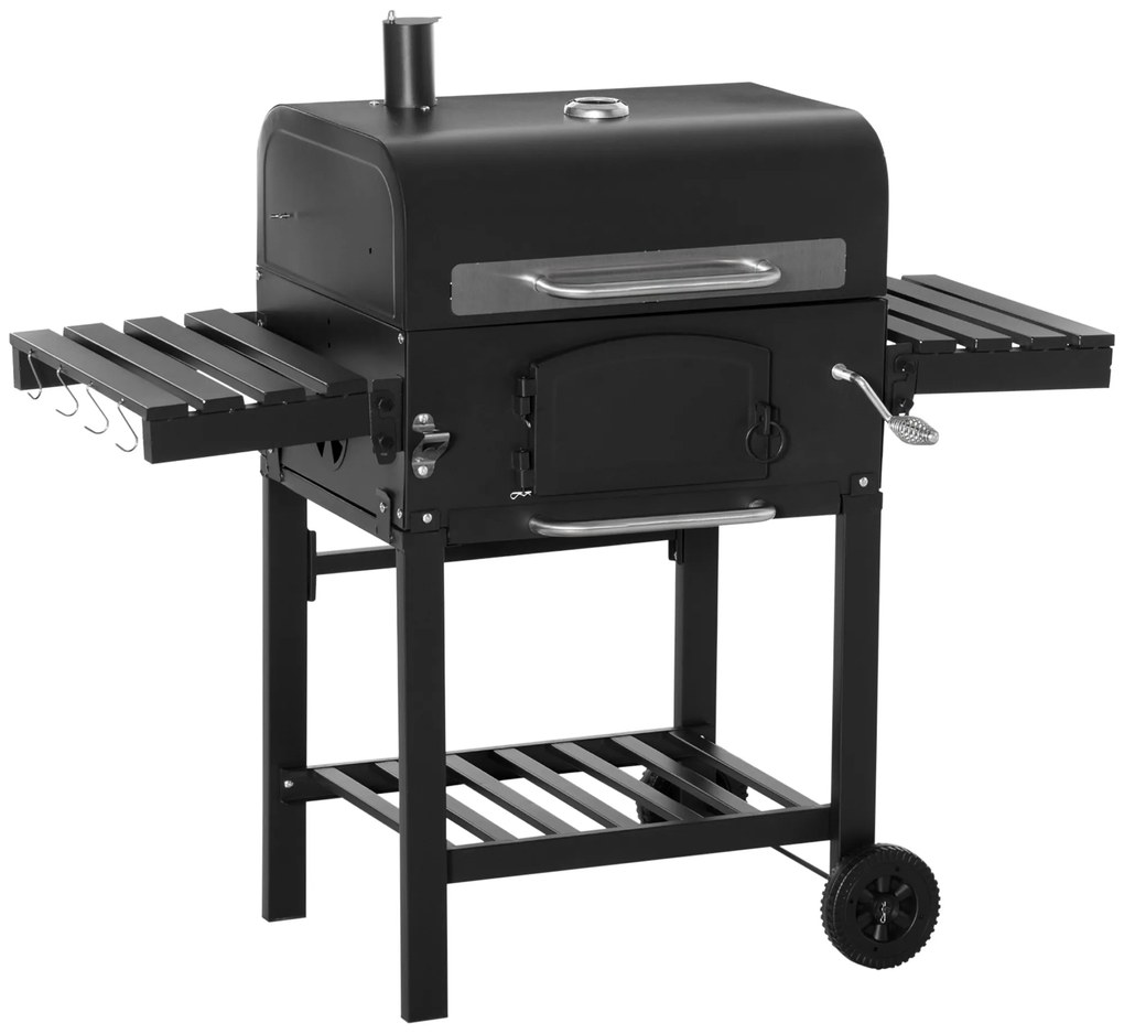 Gratar cu Carbune Outsunny, 3 in 1 cu Rafturi Laterale 124x66x112cm, Negru | Aosom RO