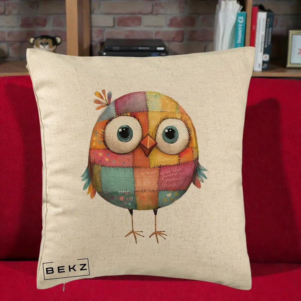Perna Decorativa Pasare Patchwork Colorata, 40x40 cm, Bej, Husa Detasabila, Perna Inclusa, BEKZ®
