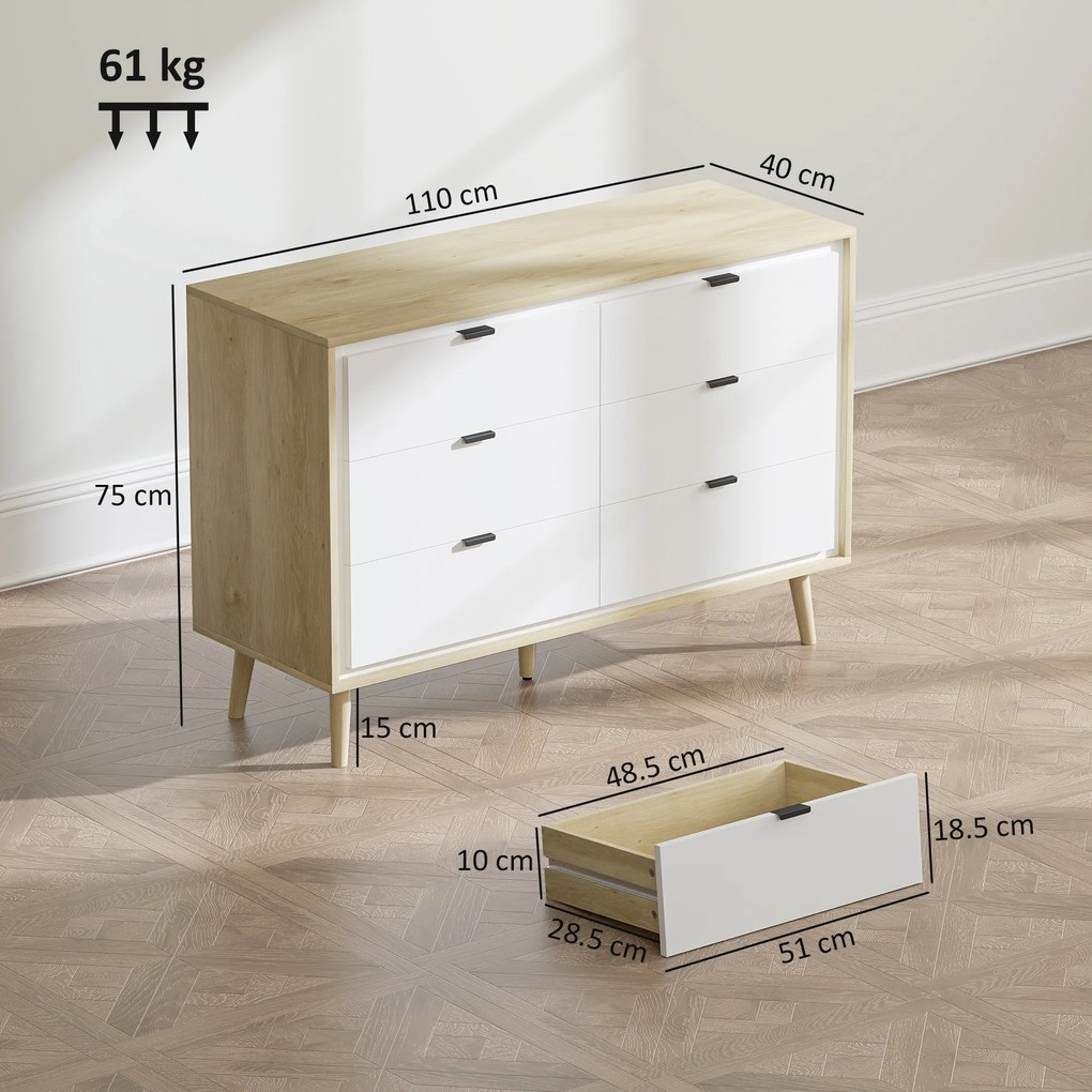 HOMCOM Comodă cu 6 Sertare din Lemn 110x40x75 cm Alb Lucios și Stejar | Aosom Romania