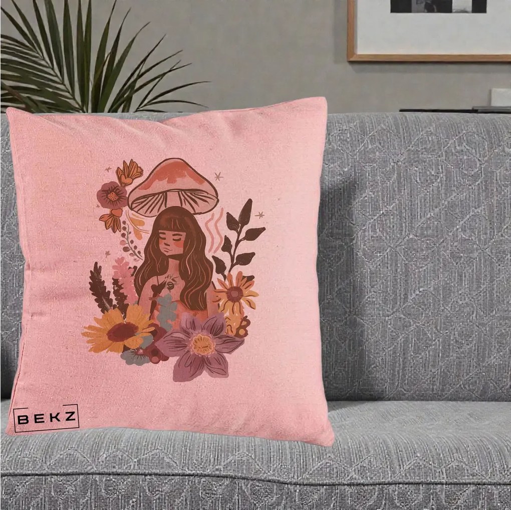 Perna Decorativa Fata Ciuperca Boho Florala, 40x40 cm, Roz, Husa Detasabila, Perna Inclusa, BEKZ®