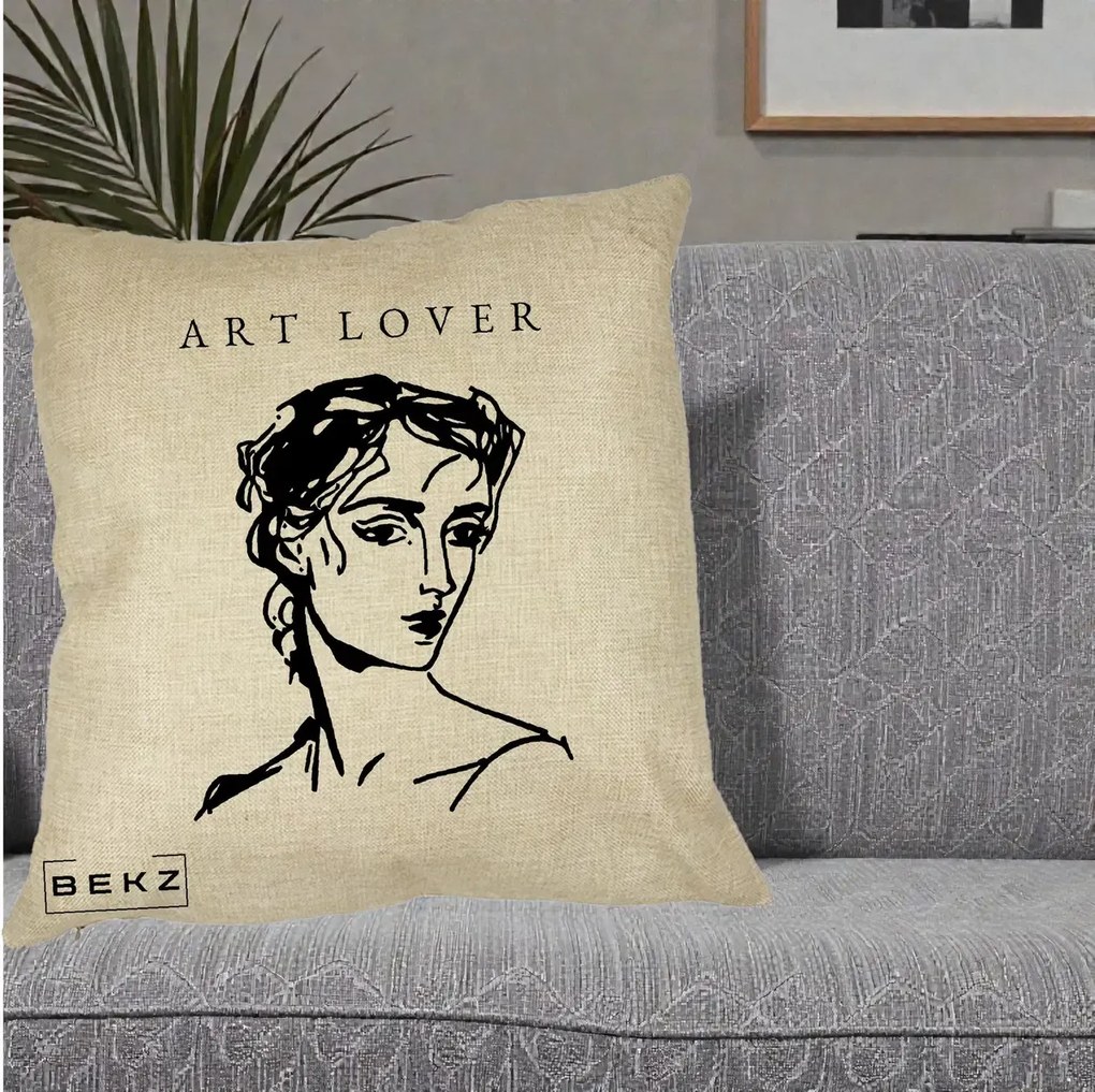 Perna Decorativa Art Lover Portret Grafic, 40x40 cm, Crem, Husa Detasabila, Perna Inclusa, BEKZ®