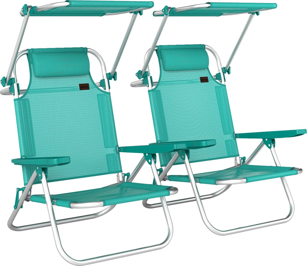 Outsunny Set de 2 scaune de plajă pliabile cu copertină reglabilă spătar rabatabil în 6 poziții tetieră turcoaz | Aosom Romania