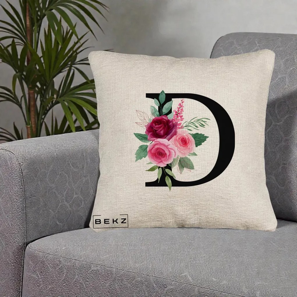 Cadou Personalizat - Perna Personalizata Monograma Florala Litera D, 40x40 cm, Bej Canapea, Husa Detasabila, Perna Inclusa, BEKZ®
