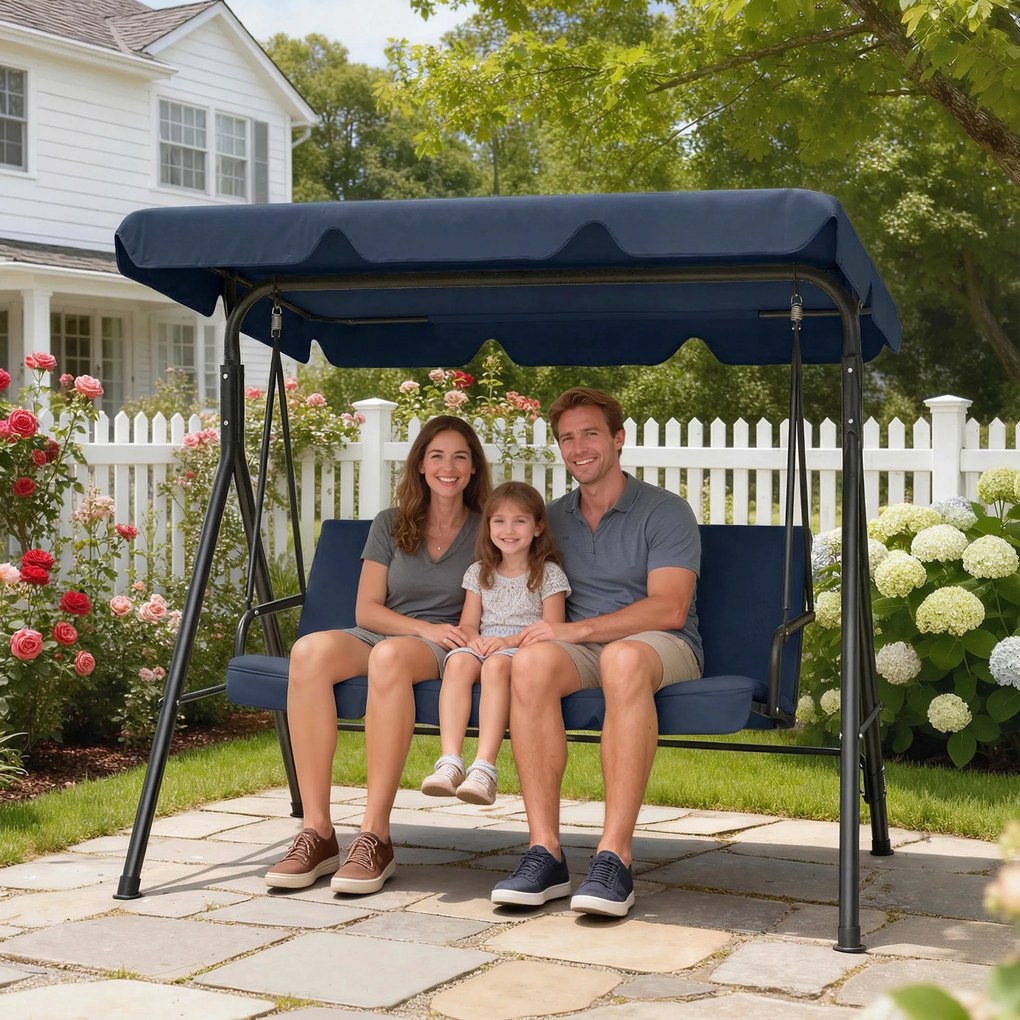 Outsunny Balansoar de Grădină Exterior Leagăn 3 locuri cu Copertină Reglabilă și Cadru din Oțel 172x118x153 cm Bleumarin | Aosom Romania
