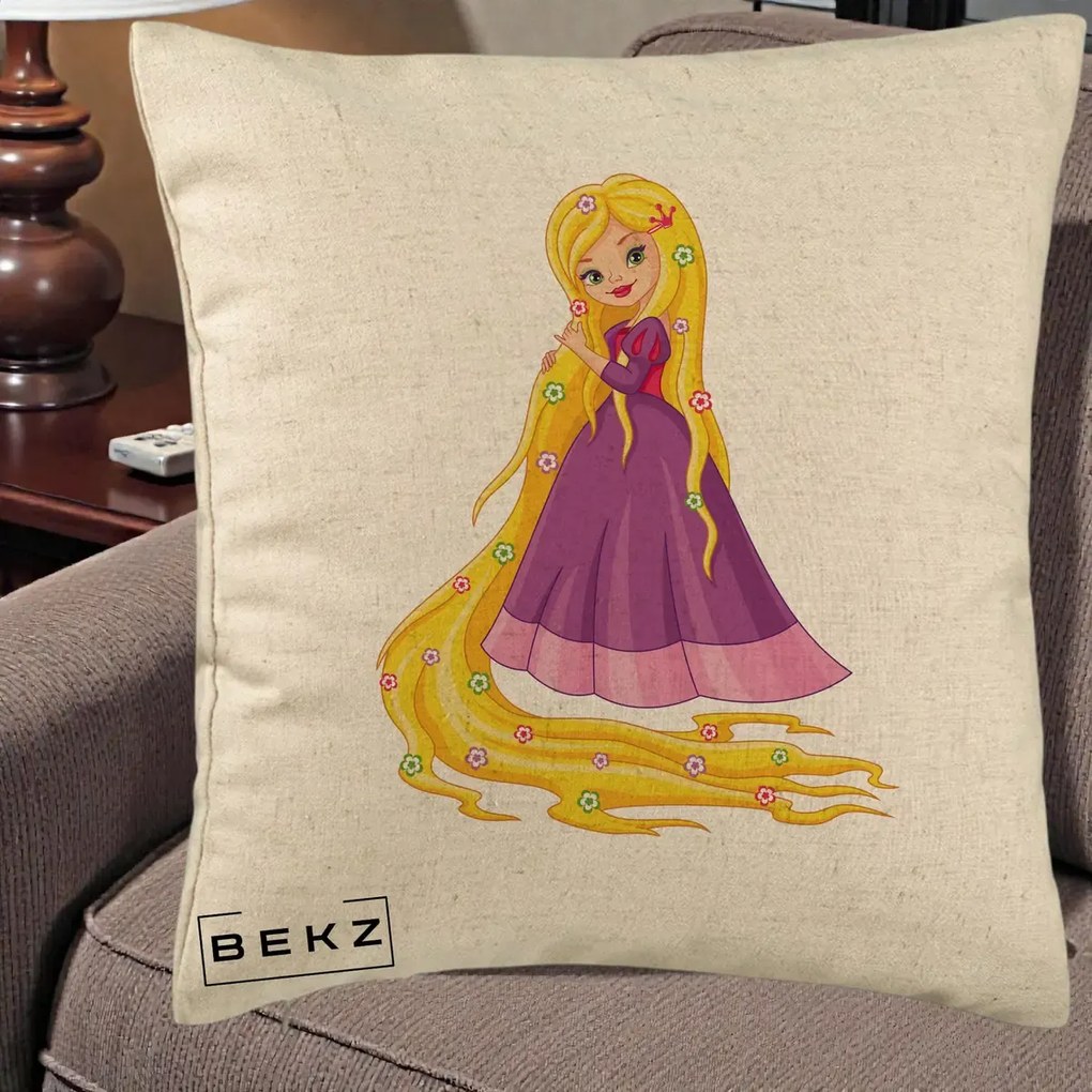 Perna Personalizata Rapunzel Par Lung Floral, 40x40 cm, Bej, Husa Detasabila, Perna Inclusa, BEKZ®