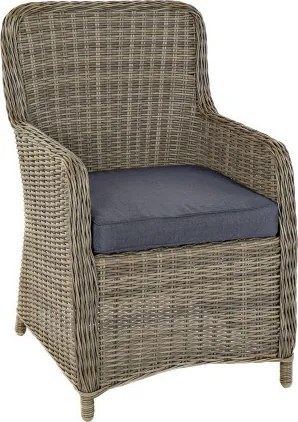 Set dining exterior din metal și sticlă, masă + 5 scaune, polirattan și stofă