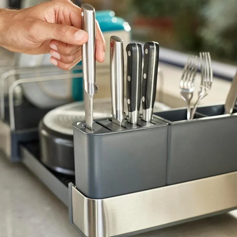 Uscător de vase Joseph Joseph 851690, Extensibil, Scurgere, Compartiment pentru cuțite, Pliabil, Gri închis/inox