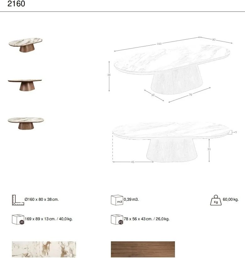 Masuta cu blat din marmura portelanata Walnut 160x80cm