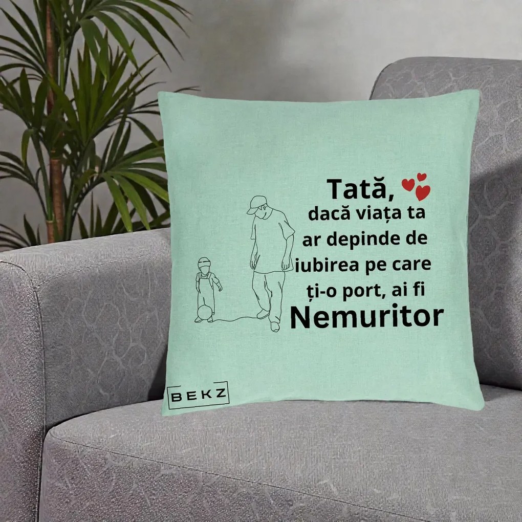 Cadou pentru Tata - Perna Personalizata Tata Nemuritor Joaca cu Mingea, 40x40 cm, Verde Menta, Husa Detasabila, Perna Inclusa, BEKZ®