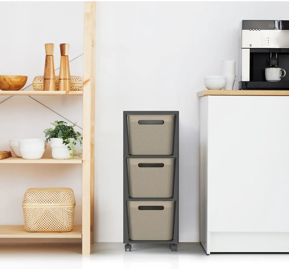 Etajeră pe roți neagră/bej din plastic 30x77 cm Brisen - Rotho