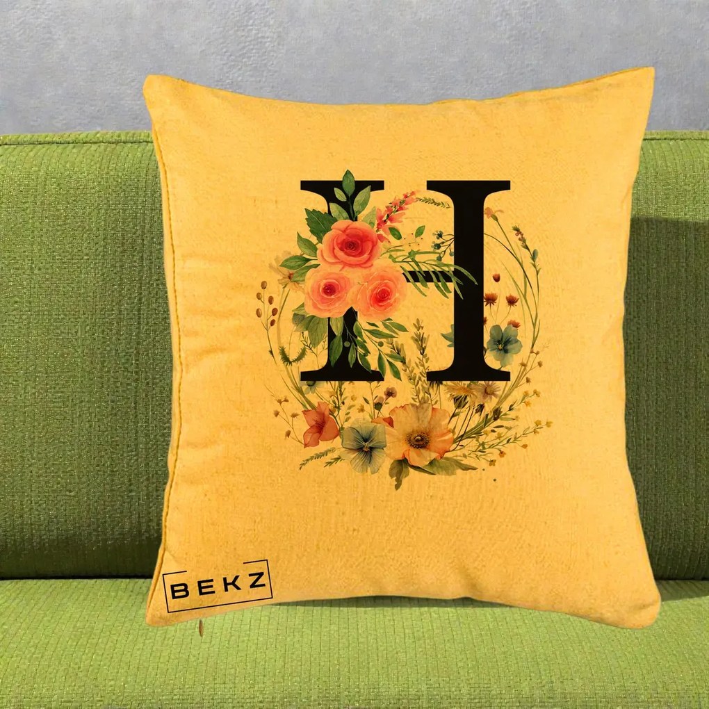 Cadou Personalizat - Perna Personalizata Monogram Litera H cu Flori Acuarela, 40x40 cm, Galben, Husa Detasabila, Perna Inclusa, BEKZ®