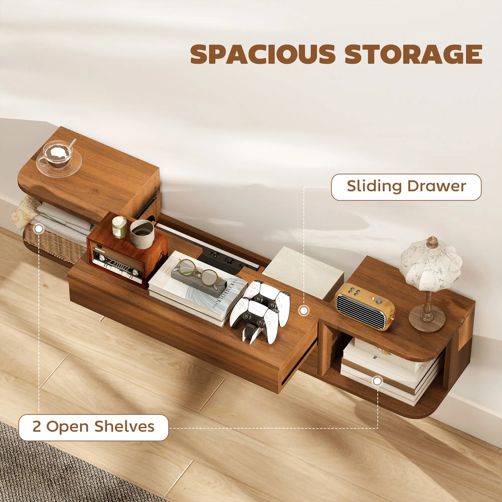 HOMCOM Suport TV suspendat până la 50" cu prize de curent, USB și tip C, sertar și rafturi, 120x24x22.4 cm, Nuc | Aosom Romania