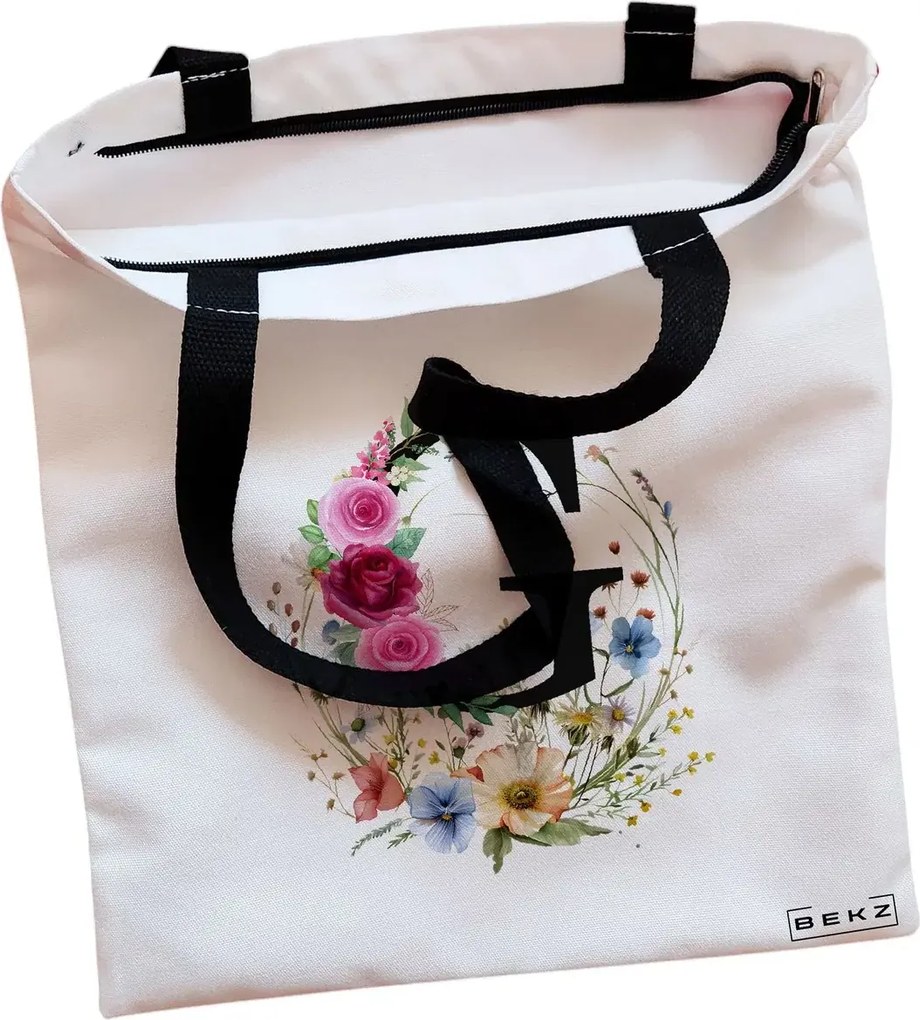 Sacosa de Panza pentru Cumparaturi, Geanta Tote, Cu litera G in Coronita Florala, Cu fermoar, 38x34.5 cm, Alba, BEKZ®