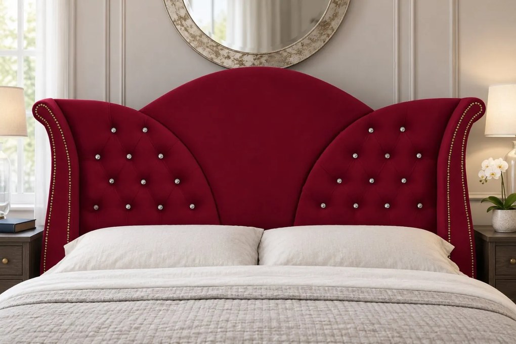 Pat tapițat Chesterfield din catifea Velora Cristal 180×200 cm, vișiniu, cu ladă de depozitare