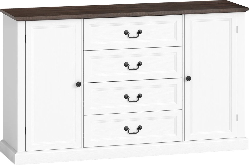 HOMCOM Credență de Bucătărie, Mobilier de Bucătărie cu 4 Sertare Soft Close, Blat Gros, Bufet cu Rafturi Reglabile, Stil Rustic, pentru Sufragerie, Sala de Mese, 147x40x87 cm, Alb | Aosom Romania