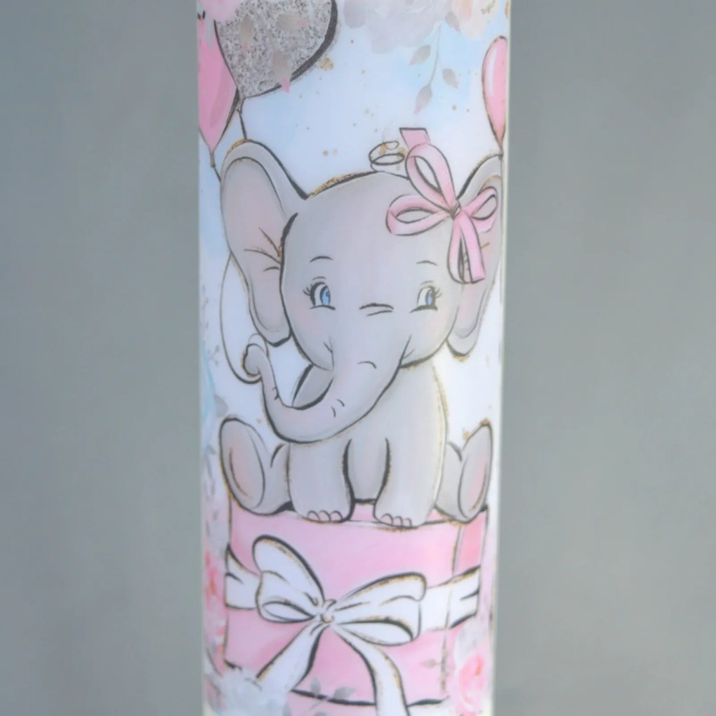 Lumanare Botez Elefant cu roz 5,5 cm, 40 cm