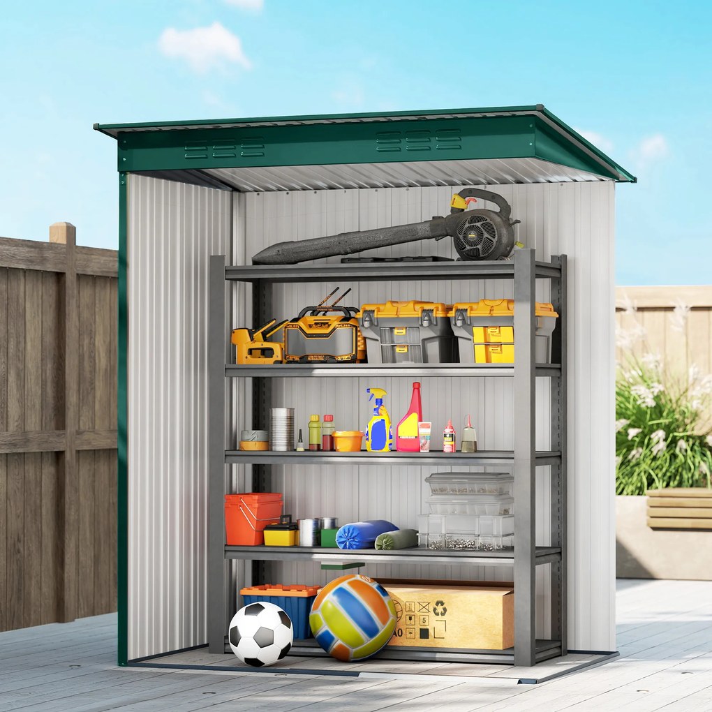 Outsunny Căsuță de Grădină 1.37m² din Metal, Montare Ușoară, Spațiu de Depozitare Unelte Grădină cu Ventilație, Ușă Culisantă, Acoperiș Înclinat și Mănuși, 159x106x181 cm, Verde | Aosom Romania