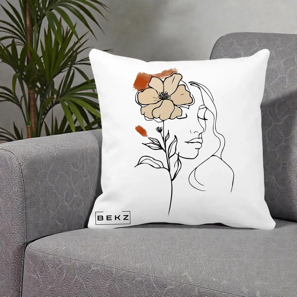 Perna Decorativa Portret Feminin Floare Bej Terracotta, 40x40 cm, Alba Mata, Husa Detasabila, Perna Inclusa, BEKZ®