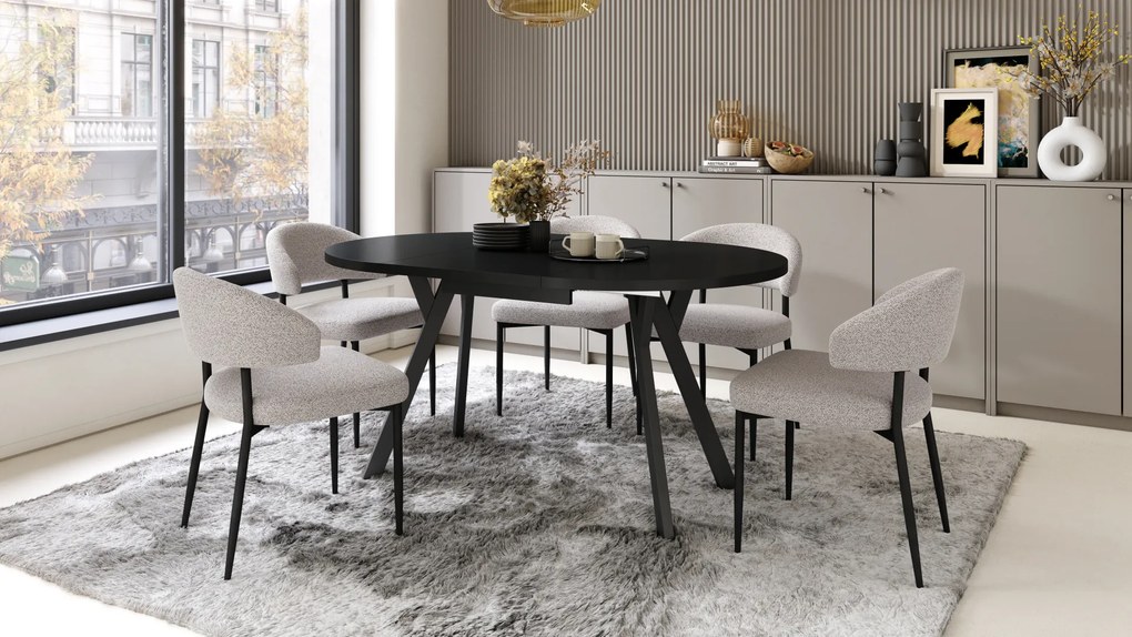 Mazzoni ALMO Negru/picioare negre - MASĂ ROTUNDĂ EXTENSIBILĂ CU PICIOARE ÎN FORMĂ DE Y STIL LOFT PENTRU SALON/SUFRAGERIE