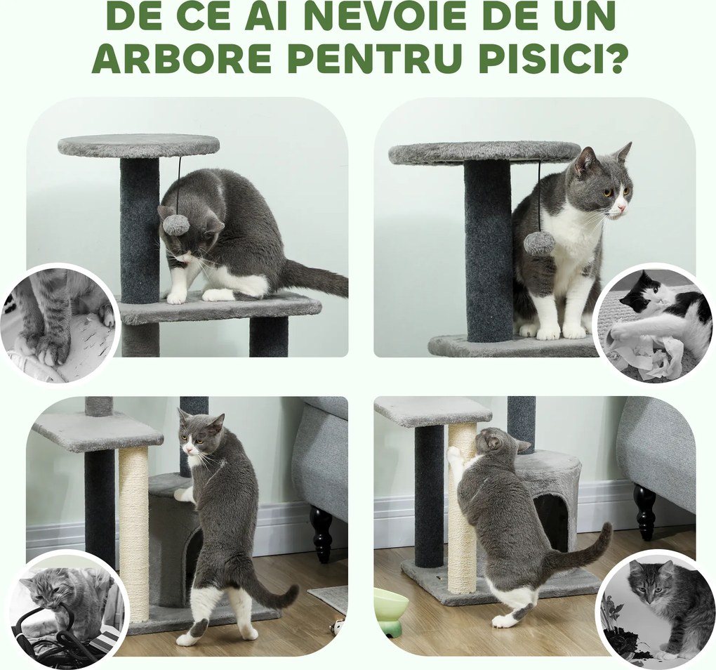 PawHut Ansamblu de joacă pentru pisici, multe niveluri cu stâlpi de sisal și Căsuță, 104cm,  Gri | Aosom Romania