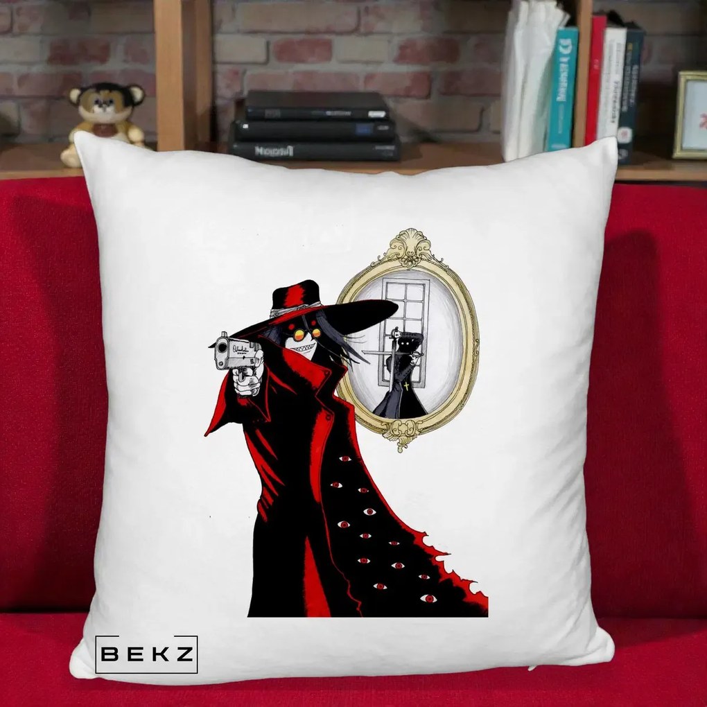 Perna Personalizata Hellsing Alucard cu Pistoale, 40x40 cm, Alb Pufos, Husa Detasabila, Perna Inclusa, BEKZ®