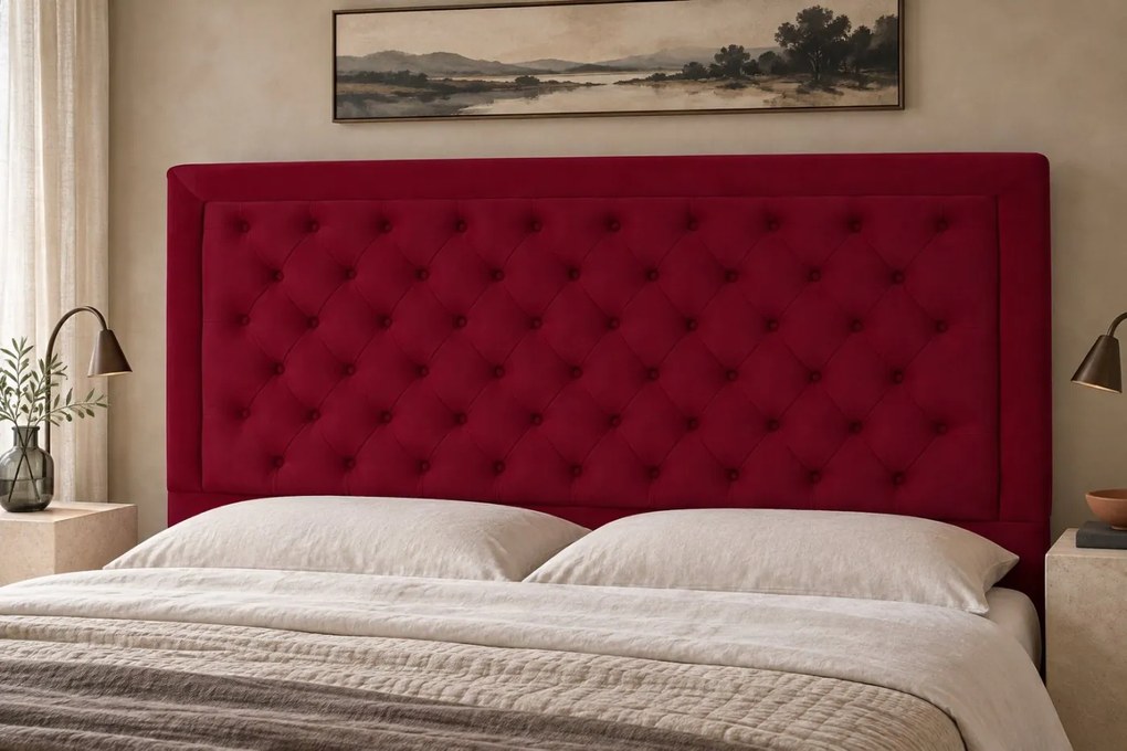 Pat tapițat Chesterfield din catifea Ophelia Deluxe 180×200 cm, vișiniu, cu ladă de depozitare