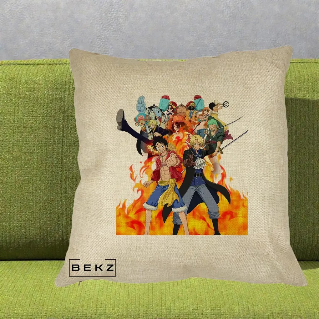 Perna Personalizata One Piece Echipa Straw Hat in Flacari, 40x40 cm, Crem, Husa Detasabila, Perna Inclusa, BEKZ®
