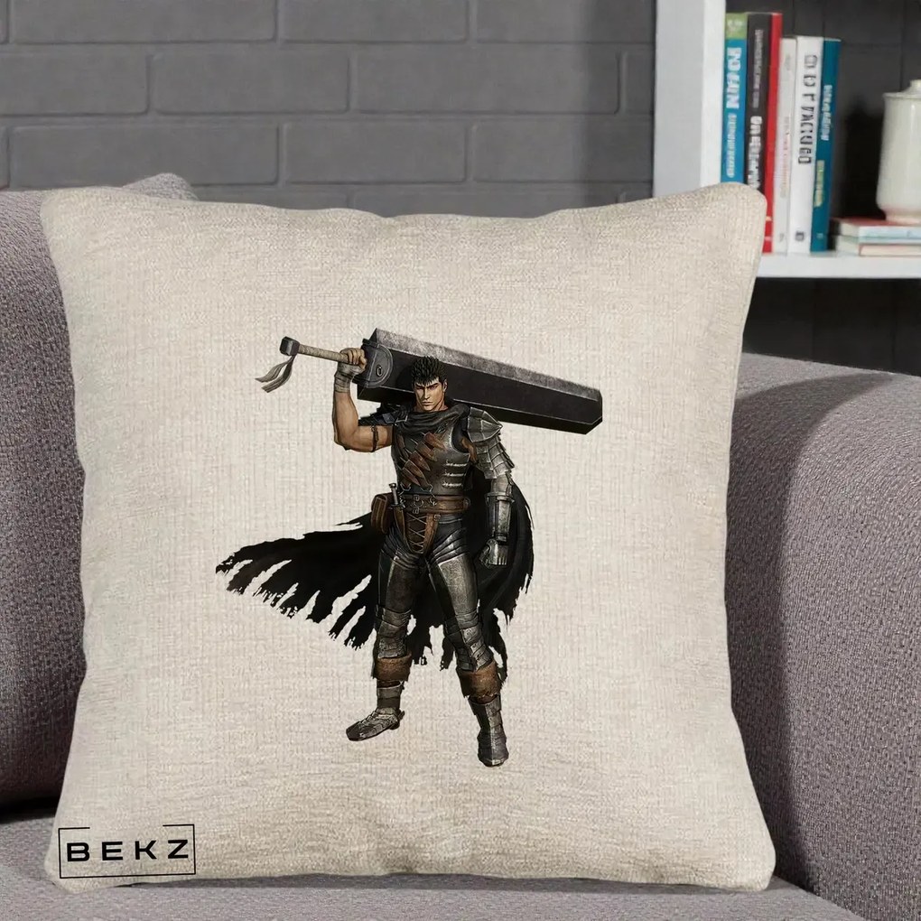 Perna Personalizata Berserk Guts Luptatorul Negru, 40x40 cm, Bej Canapea, Husa Detasabila, Perna Inclusa, BEKZ®