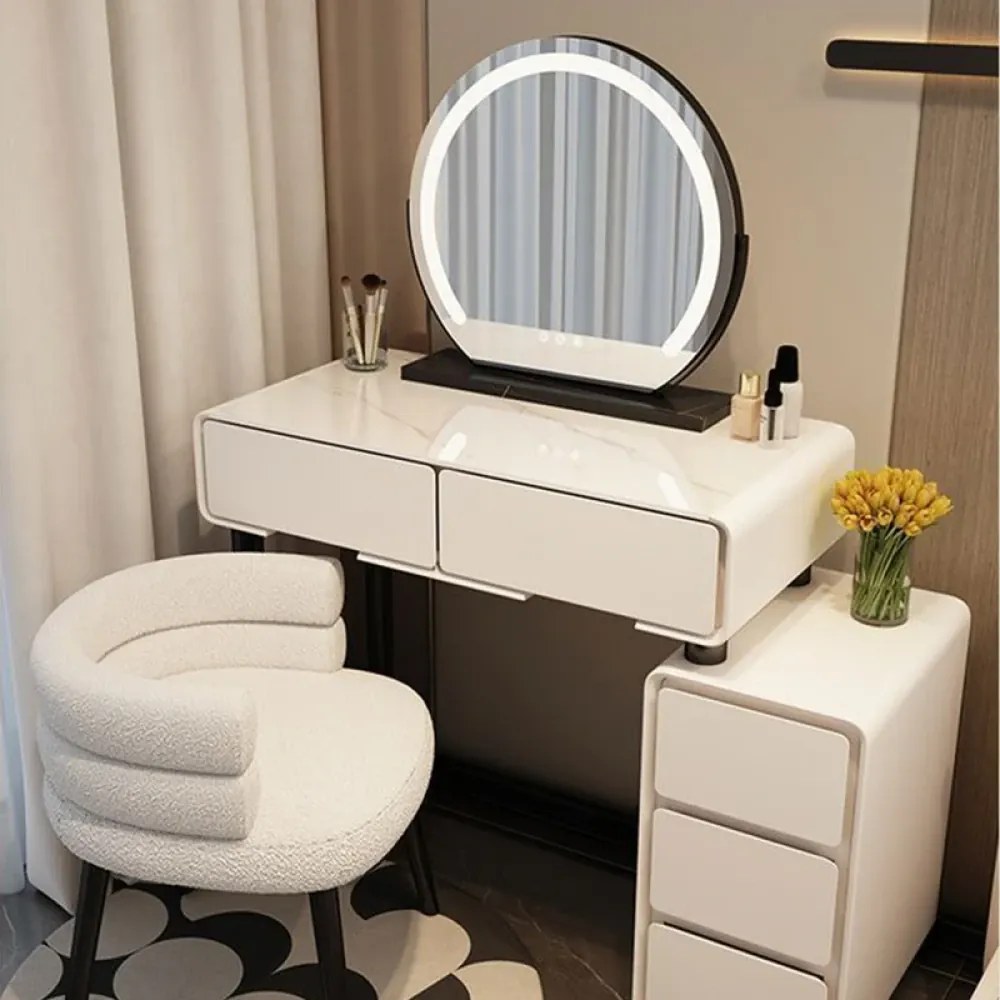 RESIGILAT- Set KARLA, Masă de toaletă pentru machiaj cu oglindă iluminată LED, control touch, 5 sertare, comoda, scaun tip boucle, IVORY
