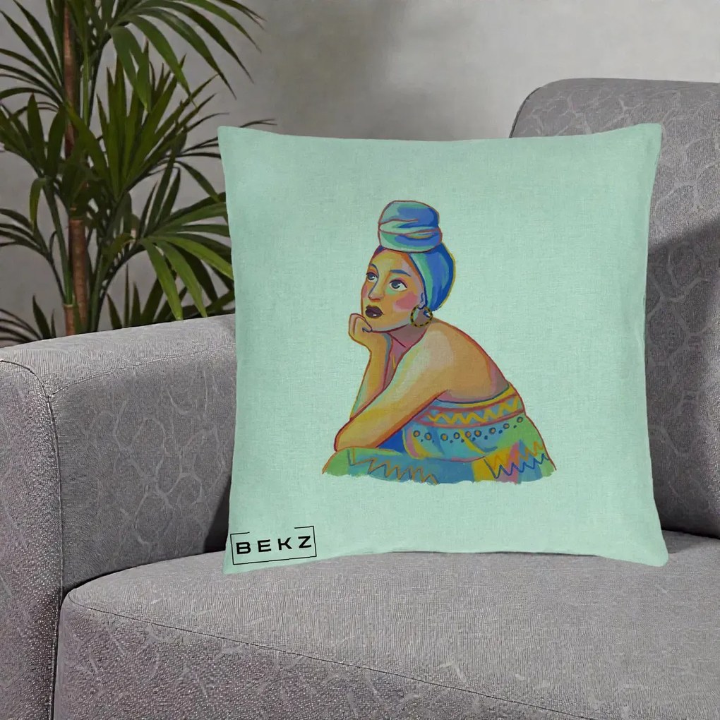Perna Decorativa Portret Femeie Contemplativa, 40x40 cm, Verde Menta, Husa Detasabila, Perna Inclusa, BEKZ®