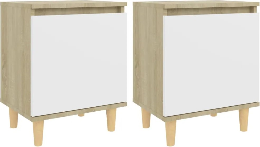 vidaXL Noptiere cu picioare lemn masiv, 2 buc., alb/stejar, 40x30x50cm