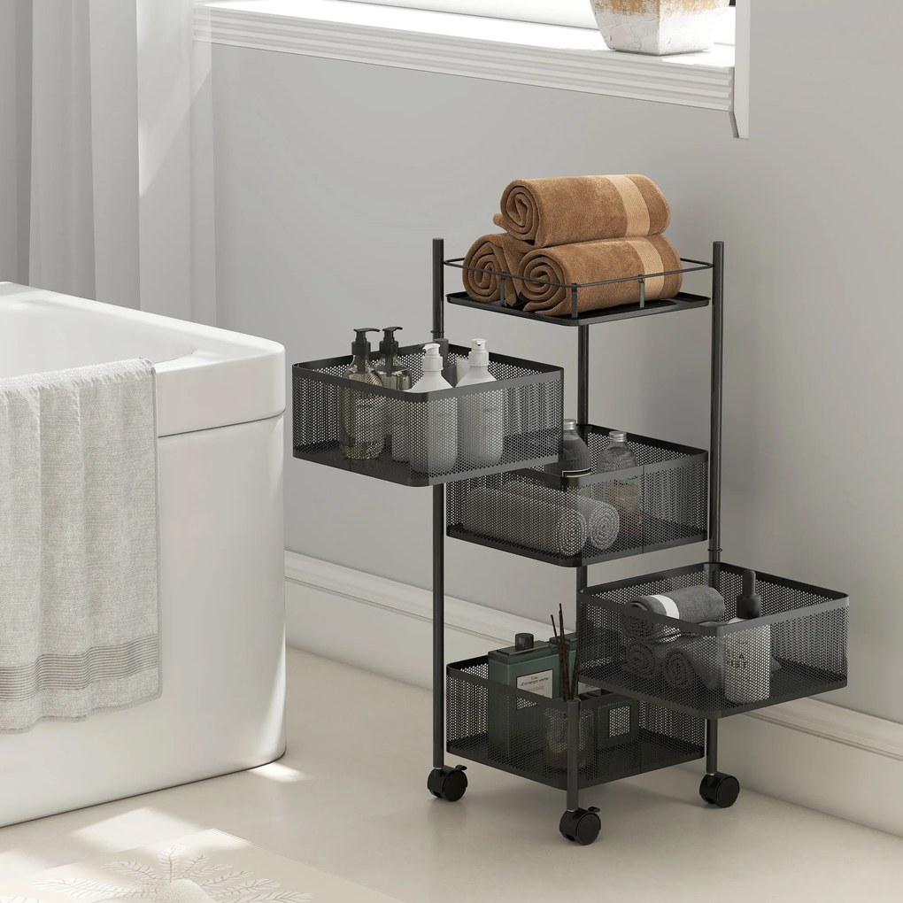 HOMCOM Cărucior de bucătărie pe roți, 5 nivele, cărucior de depozitare 4 coșuri rotative, raft, 27,5x27,5x77cm, negru | Aosom Romania