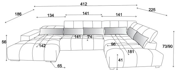 Colțar U TROPEA cu suporturi pentru cap, dreapta, gri