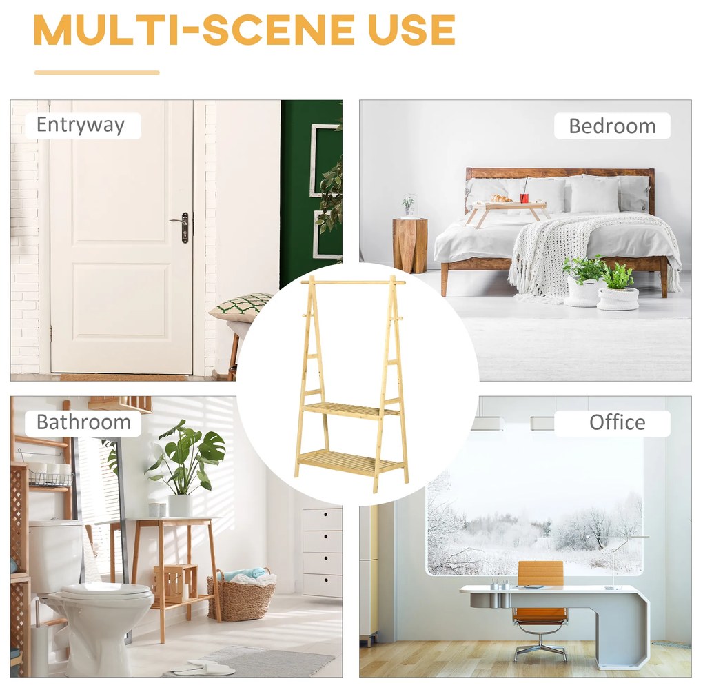 Suport pentru Umerase HOMCOM cu 2 Rafturi si 4 Carlige Laterale, Structura din bambus, 100L x 42l x 155lcm, Culoarea Lemnului