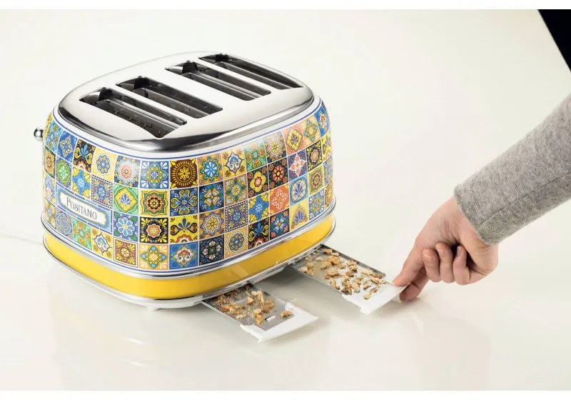 Prajitor de paine Ariete Positano 0156/0P, 1600W, 4 felii, 3 functii, 6 trepte, Tava firimituri, Alb/Galben