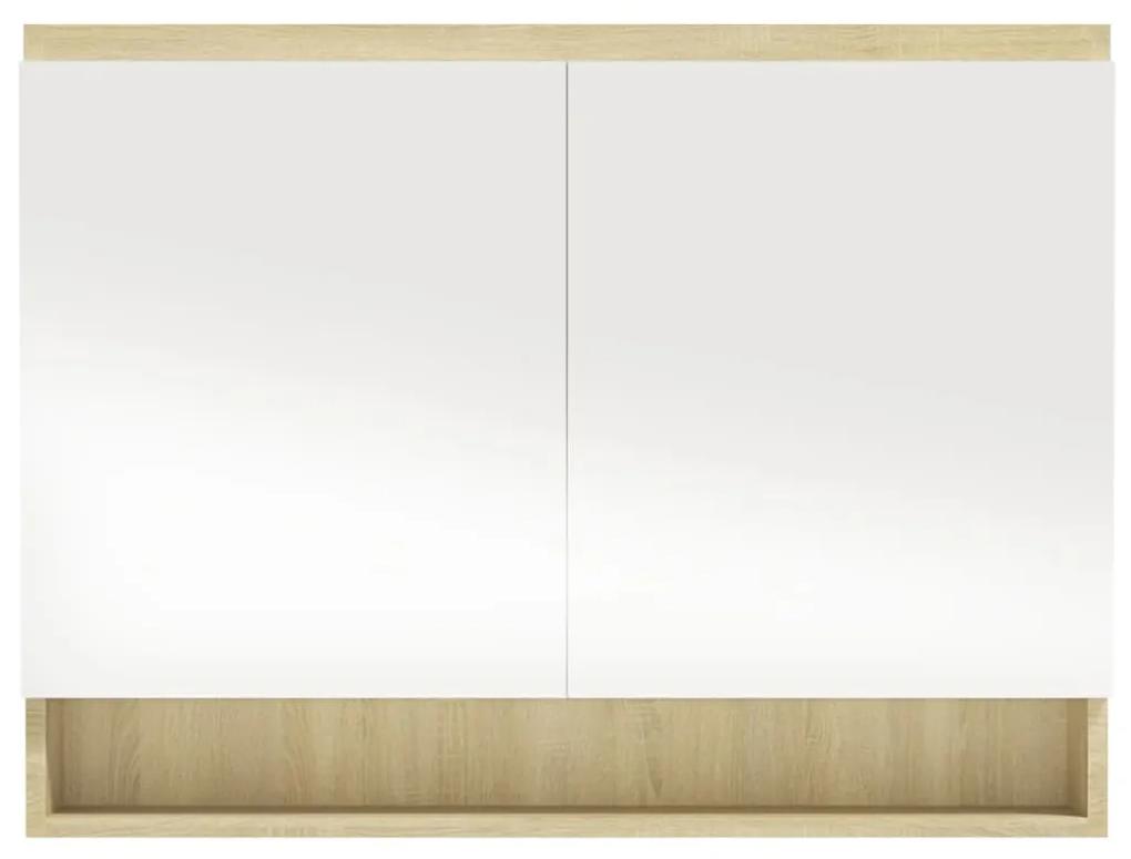Dulap de baie cu oglinda, alb si stejar, 80x15x60 cm, MDF alb si stejar