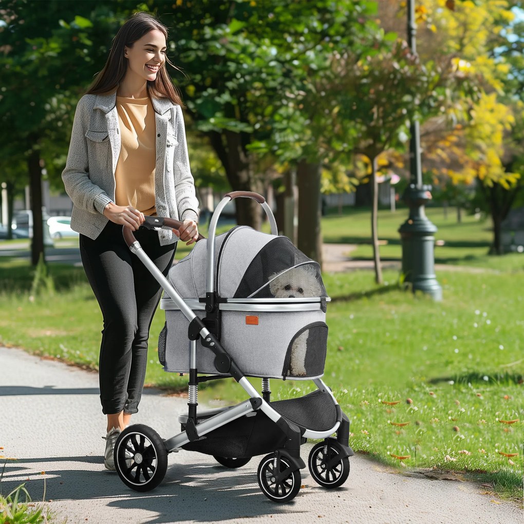 PawHut Hundewagen 3 în 1 Hundebuggy pliabil pentru pisici până la 10 kg Katzenbuggy cu pernă, suport pentru băuturi Gri deschis | Aosom Romania