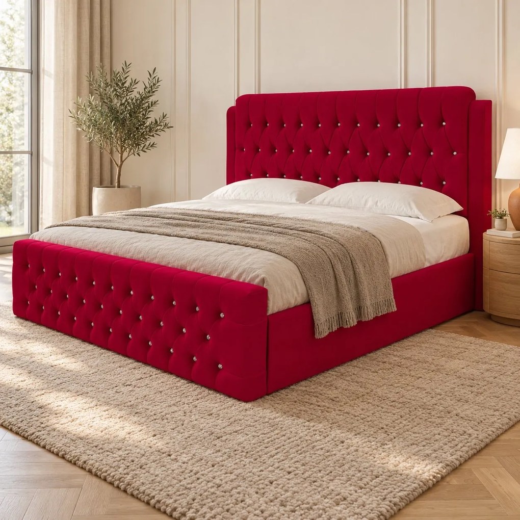 Pat tapițat Chesterfield din catifea Aveline Deluxe 140×200 cm, roșu, cu ladă de depozitare