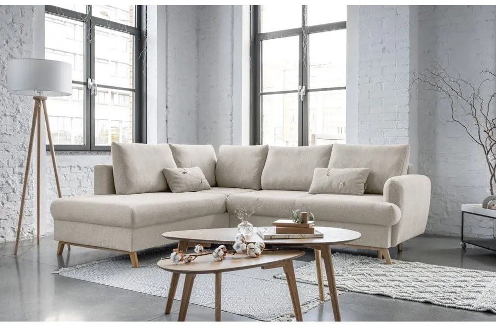 Colțar bej extensibil/cu spațiu de depozitare (cu colț pe partea stângă/în formă de ”L”) Scandic Lagom – Miuform