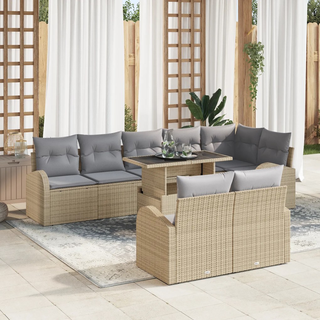 vidaXL Set de canapea de grădină, 9 piese, cu perne, bej, din ratan sintetic