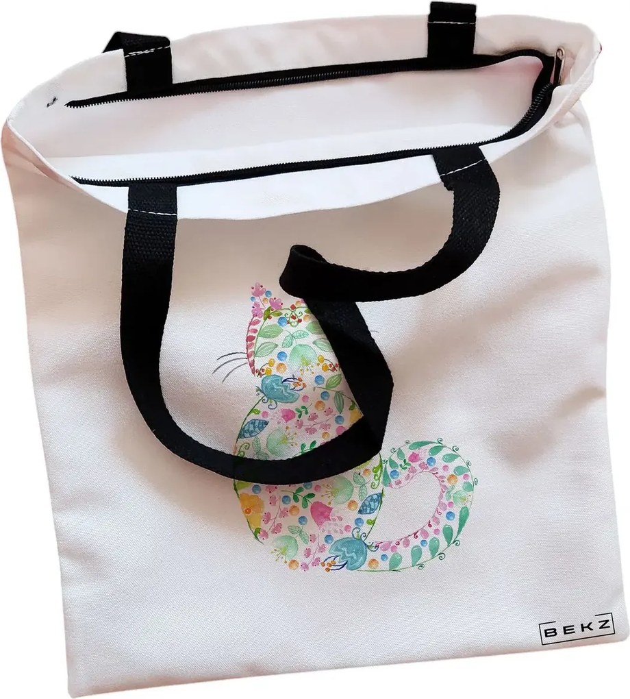 Sacosa de Panza pentru Cumparaturi, Geanta Tote, model Floral Cat, Cu fermoar, 38x34.5 cm, Alba, BEKZ®