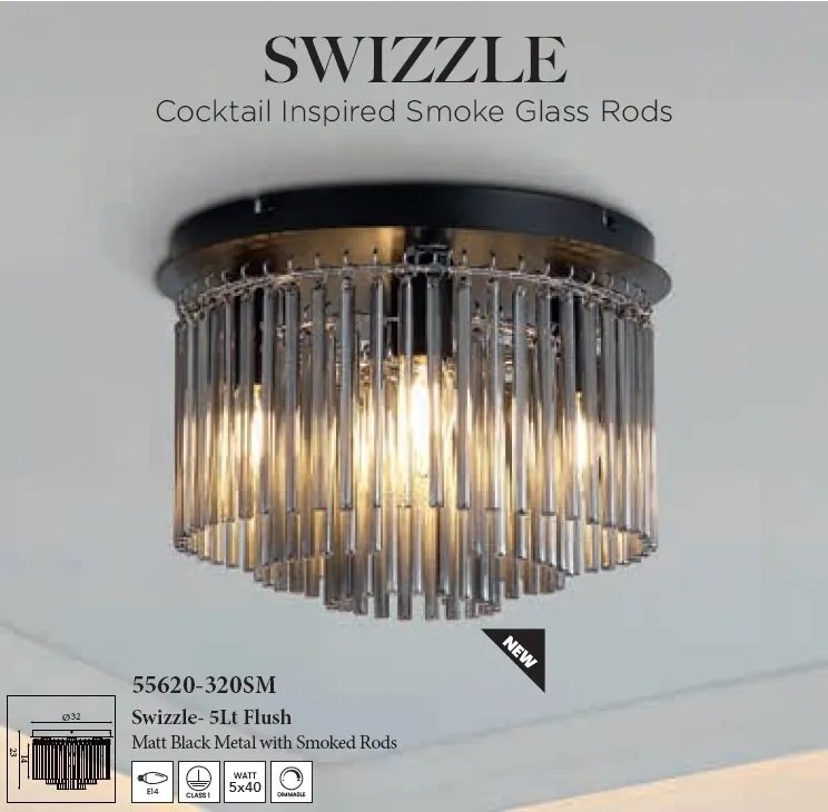 Plafoniera metal negru, tije din sticla Swizzle