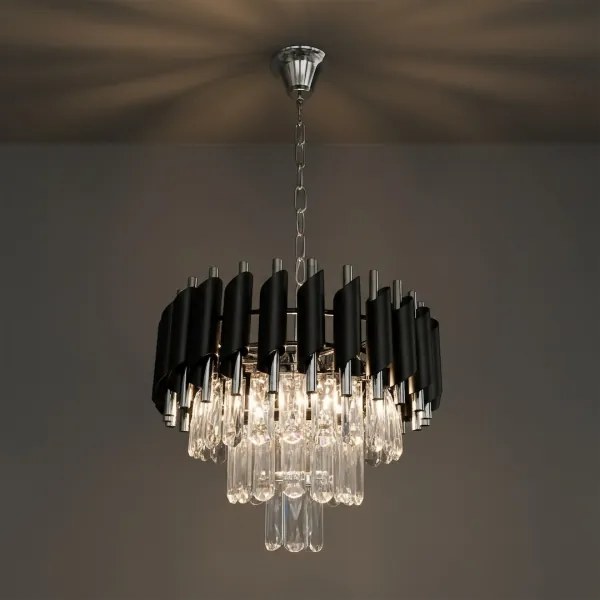 Lustru suspendat pe lanț CRISTAL 5xE14/10W/230V, diametru 38 cm, negru/crom mat