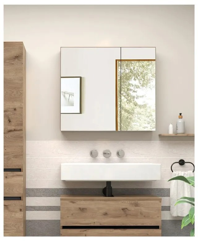 Dulap de baie în culoare naturală suspendat/cu oglindă cu aspect de lemn de stejar 80x70 cm Wisla – Støraa