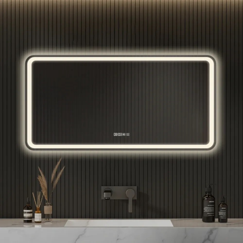 Oglindă baie, Multifuncțională, Iluminare LED Touch, Sistem Dezaburire, Ceas electronic încorporat, Indicator Temperatura, 120x60 cm