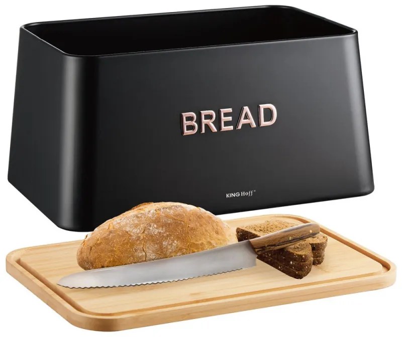 Cutie de paine cu capac pentru taiere Kinghoff KH-1948, 35 cm, Bambus, Otel, Negru
