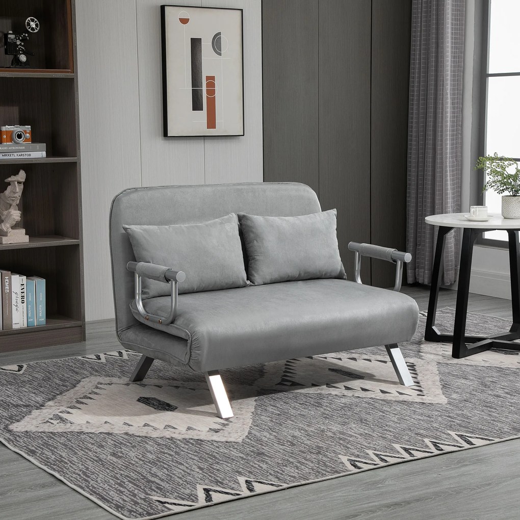 HOMCOM Canapea Pat de 2 Locuri cu Spătar Reglabil pe 5 Nivele, Canapea Pat Pliabilă cu 2 Perne, 105x80x78 cm, Gri Deschis | Aosom Romania