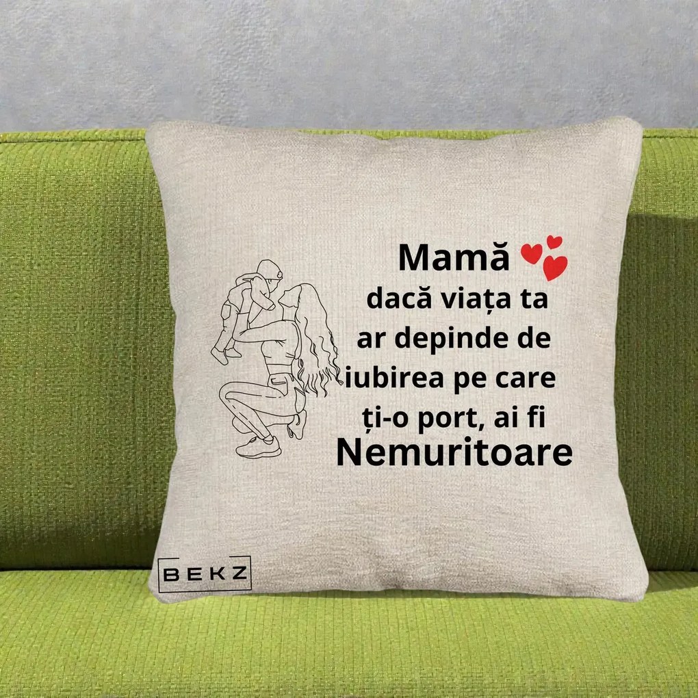 Cadou pentru Mama - Perna Personalizata Mama Nemuritoare Portret Graphic, 40x40 cm, Bej Canapea, Husa Detasabila, Perna Inclusa, BEKZ®