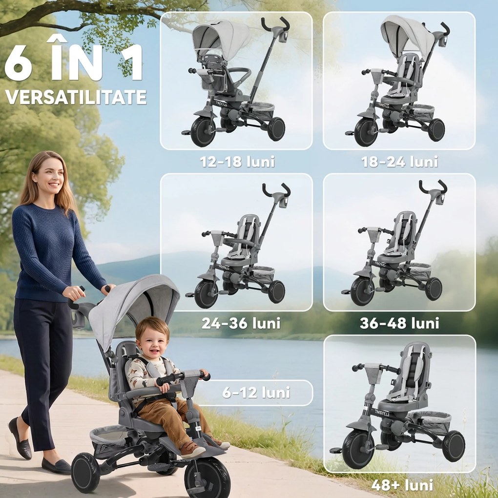 AIYAPLAY Tricicletă Copii 6 în 1, Cărucior și Bicicletă, 1-5 Ani, Max. 25 kg, Pliabilă cu Scaun Rotativ, Copertină, Gri | Aosom Romania