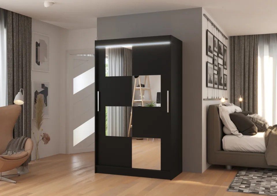 Dulap cu usi glisante si oglinda + iluminare LED, Lugano 120 + LED, 120 cmx200 cmx58 cm, ADRK Furniture (Culoare: Negru)